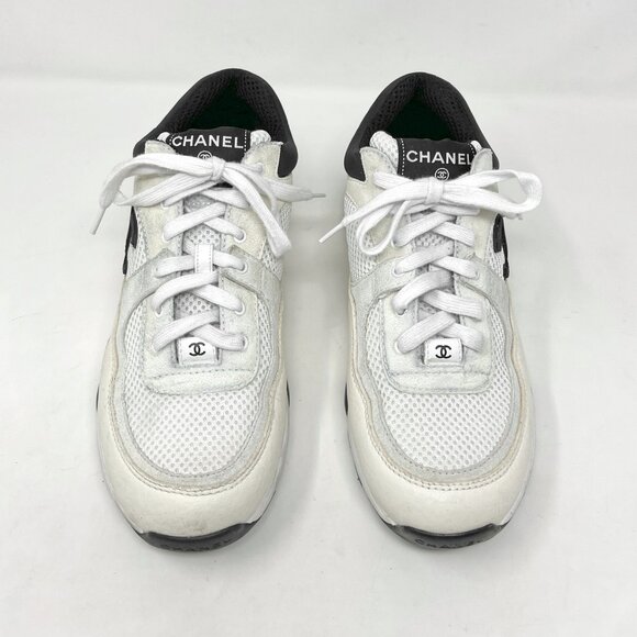 Chanel Logo Trainer Sneakers Black White Mesh Suede 39½- Style G38299 - Picture 2 of 9